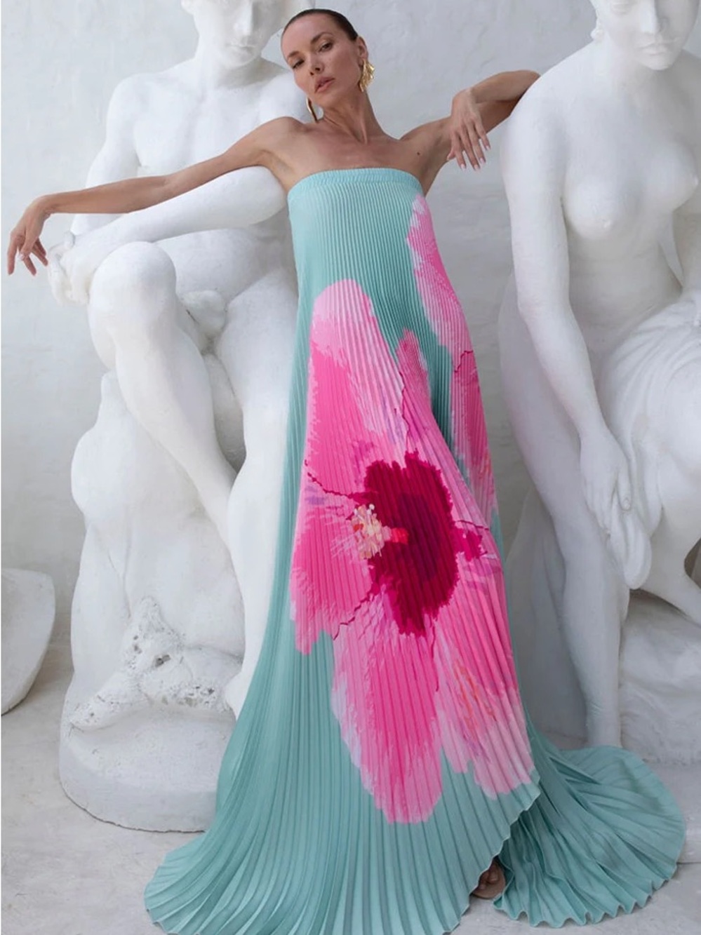 Strapless Aqua Maxi Dress with Pink Floral Detail
